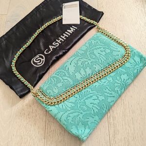 CASHHIMI Green Leather Convertible Clutch Handbag With Floral Lace Pattern